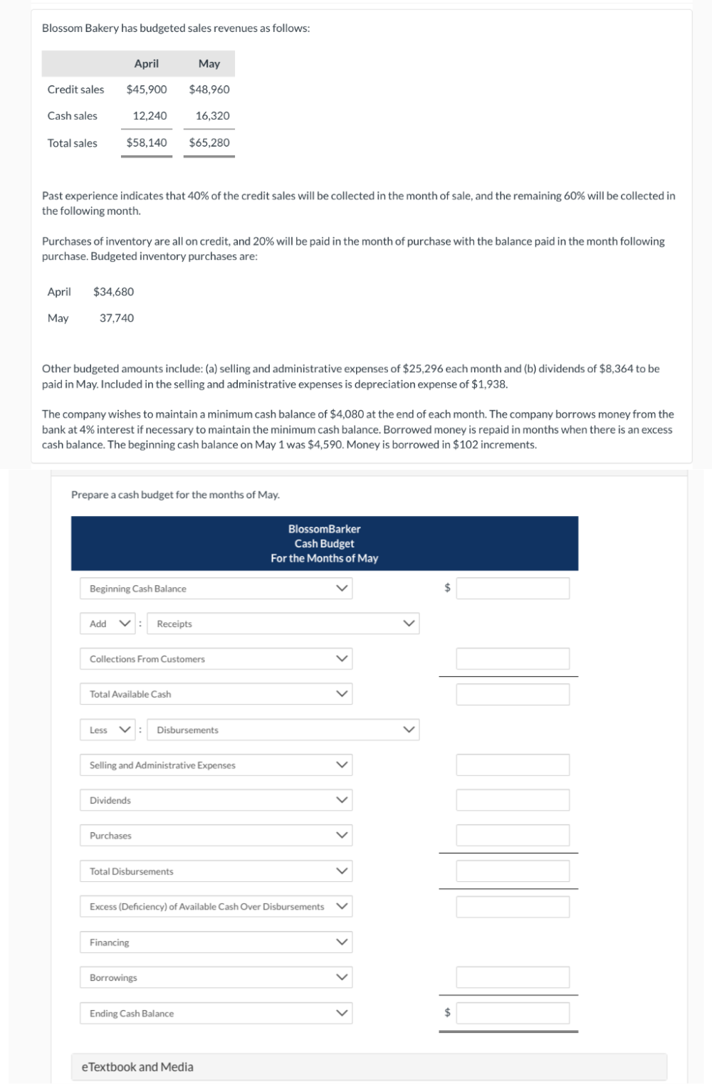 Blossom Bakery has budgeted sales revenues as follows:
Credit sales
Cash sales
Total sales
April
$45,900
12,240
$58,140
April $34,680
May
37,740
Past experience indicates that 40% of the credit sales will be collected in the month of sale, and the remaining 60% will be collected in
the following month.
Purchases of inventory are all on credit, and 20% will be paid in the month of purchase with the balance paid in the month following
purchase. Budgeted inventory purchases are:
Other budgeted amounts include: (a) selling and administrative expenses of $25,296 each month and (b) dividends of $8,364 to be
paid in May. Included in the selling and administrative expenses is depreciation expense of $1,938.
Beginning Cash Balance
Add
The company wishes to maintain a minimum cash balance of $4,080 at the end of each month. The company borrows money from the
bank at 4% interest if necessary to maintain the minimum cash balance. Borrowed money is repaid in months when there is an excess
cash balance. The beginning cash balance on May 1 was $4,590. Money is borrowed in $102 increments.
Prepare a cash budget for the months of May.
Less
Total Available Cash
May
$48,960
Collections From Customers
Dividends
$65,280
Purchases
16,320
Receipts
Selling and Administrative Expenses
Total Disbursements
Financing
Borrowings
Disbursements
Ending Cash Balance
Excess (Deficiency) of Available Cash Over Disbursements
eTextbook and Media
BlossomBarker
Cash Budget
For the Months of May
>
>
>
$
$