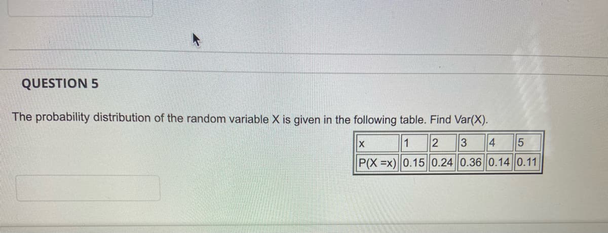 QUESTION 5
The probability distribution of the random variable X is given in the following table. Find Var(X).
1
2
3
4
P(X =x) 0.150.24 0.36 0.14 0.11
