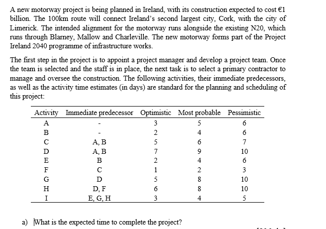 A new motorway project is being planned in Ireland, with its construction expected to cost €1
billion. The 100km route will connect Ireland's second largest city, Cork, with the city of
Limerick. The intended alignment for the motorway runs alongside the existing N20, which
runs through Blarney, Mallow and Charleville. The new motorway forms part of the Project
Ireland 2040 programme of infrastructure works.
The first step in the project is to appoint a project manager and develop a project team. Once
the team is selected and the staff is in place, the next task is to select a primary contractor to
manage and oversee the construction. The following activities, their immediate predecessors,
as well as the activity time estimates (in days) are standard for the planning and scheduling of
this project:
Activity Immediate predecessor Optimistic Most probable Pessimistic
A
3
5
6
B
2
4
6
A, B
A, B
5
6
7
D
7
9
10
E
B
2
4
6
F
1
2
3
G
D
5
8.
10
H
D, F
6.
8.
10
I
E, G, H
3
4
5
a) What is the expected time to complete the project?
