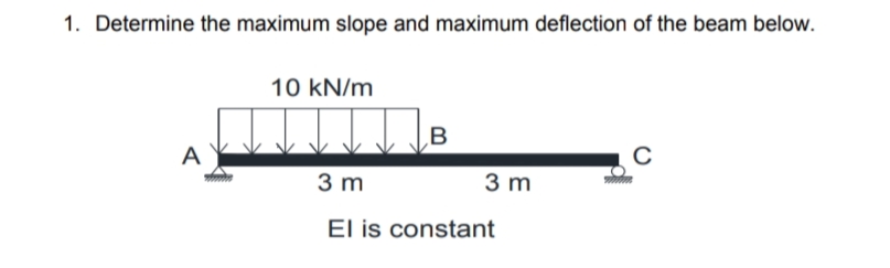 1. Determine the maximum slope and maximum deflection of the beam below.
10 kN/m
‚B
A
3 m
3 m
El is constant
