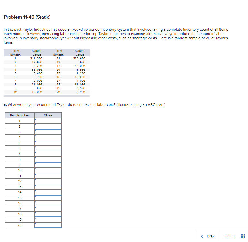 Problem 11-40 (Static)
In the past, Taylor Industries has used a fixed-time period Inventory system that Involved taking a complete Inventory count of all items
each month. However, Increasing labor costs are forcing Taylor Industries to examine alternative ways to reduce the amount of labor
Involved in Inventory stockrooms, yet without Increasing other costs, such as shortage costs. Here is a random sample of 20 of Taylor's
Items.
ITEM
ANNUAL
ITEM
ANNUAL
NUMBER
USAGE
NUMBER
USAGE
$ 1,500
$13,000
6ee
1
11
12,000
2,200
50, e0e
9,600
12
13
42,800
9,900
1,200
10, 200
4, e00
61,eee
3,5ee
4
14
15
75e
16
7
2, еее
11,e00
17
18
see
19
10
15,e00
20
2,900
a. What would you recommend Taylor do to cut back Its labor cost? (Illustrate using an ABC plan.)
Item Number
Class
1
2
3
4
6
7
8
9.
10
11
12
13
14
15
16
17
18
19
20
< Prev
3 of 3
