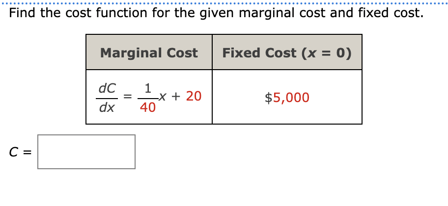 Find the cost function for the given marginal cost and fixed cost.
Marginal Cost
Fixed Cost (x = 0)
dC
= -x + 20
dx
$5,000
40
C =
