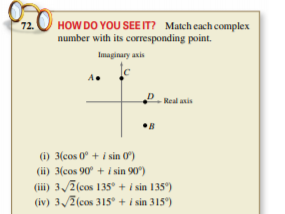P2O HOW DO YOU SEE IT? Match each complex
72.
number with its corresponding point.
Imaginary axis
A.
PReal anis
(i) 3(cos 0° + i sin 0)
(ii) 3(cos 90° + i sin 90°)
(iii) 3/2(cos 135° + i sin 135°)
(iv) 3/2(cos 315° + i sin 315)
