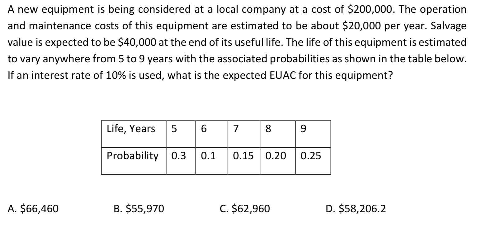 A new equipment is being considered at a local company at a cost of $200,000. The operation
and maintenance costs of this equipment are estimated to be about $20,000 per year. Salvage
value is expected to be $40,000 at the end of its useful life. The life of this equipment is estimated
to vary anywhere from 5 to 9 years with the associated probabilities as shown in the table below.
If an interest rate of 10% is used, what is the expected EUAC for this equipment?
Life, Years
5
7
8
9.
Probability 0.3
0.1
0.15
0.20
0.25
