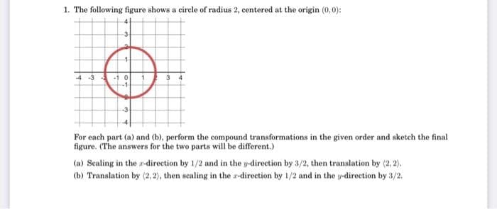 1. The following figure shows a circle of radius 2, centered at the origin (0,0):
-4-3
-1.0
For each part (a) and (b), perform the compound transformations in the given order and sketch the final
figure. (The answers for the two parts will be different.)
(a) Scaling in the z-direction by 1/2 and in the y-direction by 3/2, then translation by (2, 2).
(b) Translation by (2, 2), then scaling in the r-direction by 1/2 and in the y-direction by 3/2.