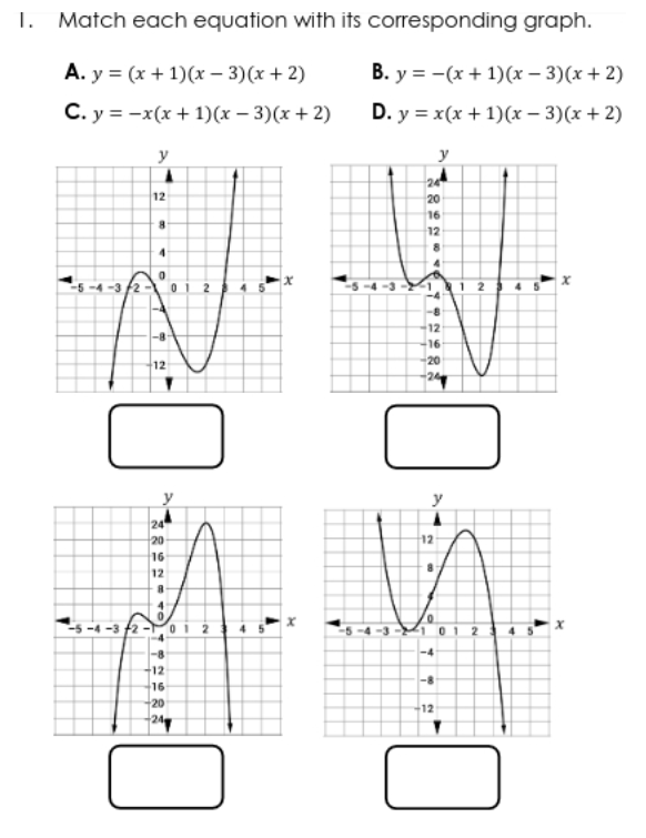 I.
Match each equation with its corresponding graph.
A. y = (x + 1)(x – 3)(x + 2)
B. y = -(x + 1)(x – 3)(x + 2)
C. y = -x(x + 1)(x – 3)(x + 2)
D. y = x(x + 1)(x – 3)(x + 2)
y
y
24
12
20
16
12
4.
-5 -4 -3 f2 -
012
12
-16
20
12
y
24
20
12
16
12
4.
-5 -4 -3 f2 - oi 2
101 2
-4
-8
-4
12
-8
16
20
12
24

