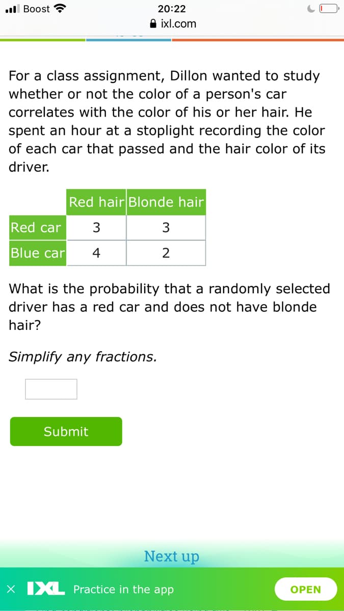 ll Boost ?
20:22
O ixl.com
For a class assignment, Dillon wanted to study
whether or not the color of a person's car
correlates with the color of his or her hair. He
spent an hour at a stoplight recording the color
of each car that passed and the hair color of its
driver.
Red hair Blonde hair
Red car
3.
Blue car
4
What is the probability that a randomly selected
driver has a red car and does not have blonde
hair?
Simplify any fractions.
Submit
Next up
X XL Practice in the app
OPEN
