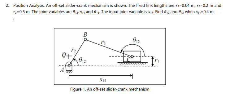 2. Position Analysis. An off-set slider-crank mechanism is shown. The fixed link lengths are ri=0.04 m, r2=0.2 m and
r3=0.5 m. The joint variables are 812, S14 and 013. The input joint variable is s14. Find 012 and O13 when s14=0.4 m.
В
O13
Qt
A
S14
Figure 1. An off-set slider-crank mechanism
