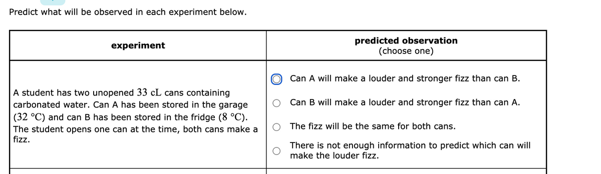 Predict what will be observed in each experiment below.
predicted observation
(choose one)
experiment
Can A will make a louder and stronger fizz than can B.
A student has two unopened 33 cL cans containing
carbonated water. Can A has been stored in the garage
Can B will make a louder and stronger fizz than can A.
(32 °C) and can B has been stored in the fridge (8 °C).
The student opens one can at the time, both cans make a
fizz.
The fizz will be the same for both cans.
There is not enough information to predict which can will
make the louder fizz.
