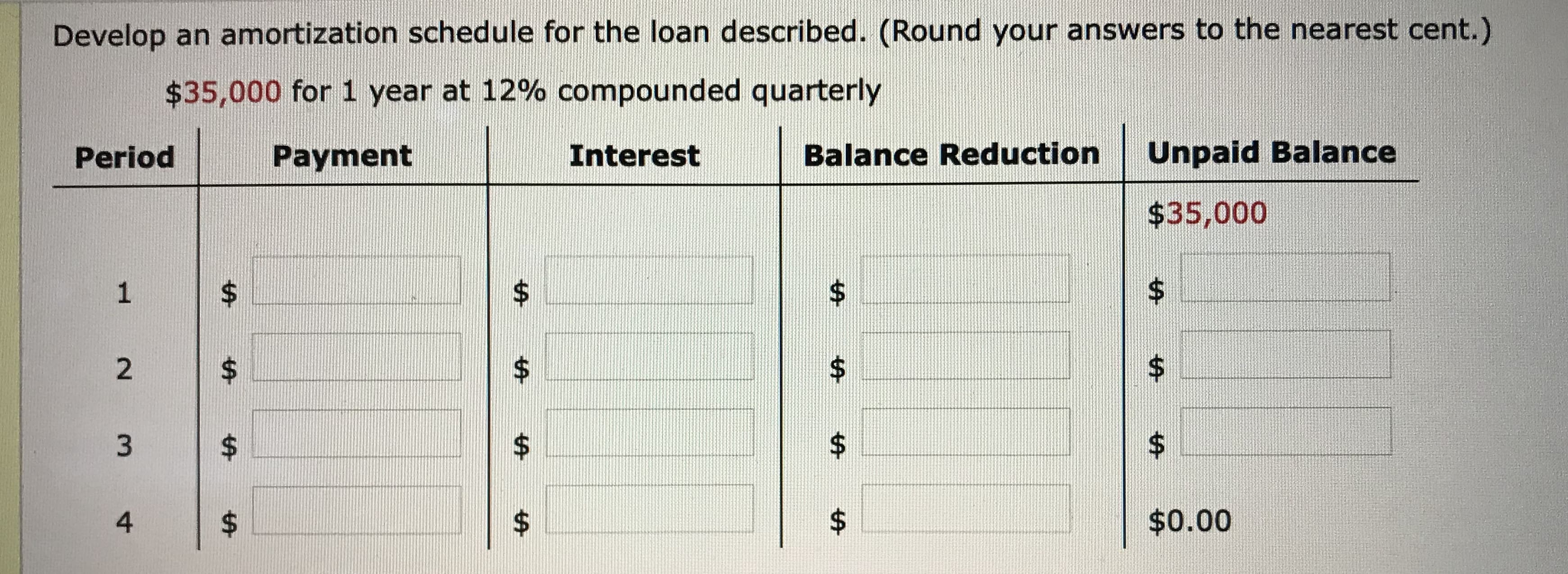 Develop an amortization schedule for the loan described. (Round your answers to the nearest cent.)
$35,000 for 1 year at 12% compounded quarterly
Period
Payment
Interest
Balance Reduction
Unpaid Balance
$35,000
%24
24
24
$0.00
%24
%24
%24
%24
%24
%24
%24
%24
%24
%24
%24
%24
%24
2.
3.
4-
