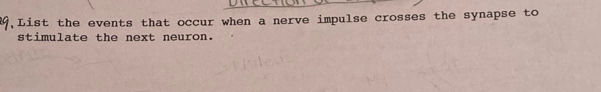 29, List the events that occur when a nerve impulse crosses the synapse to
stimulate the next neuron.