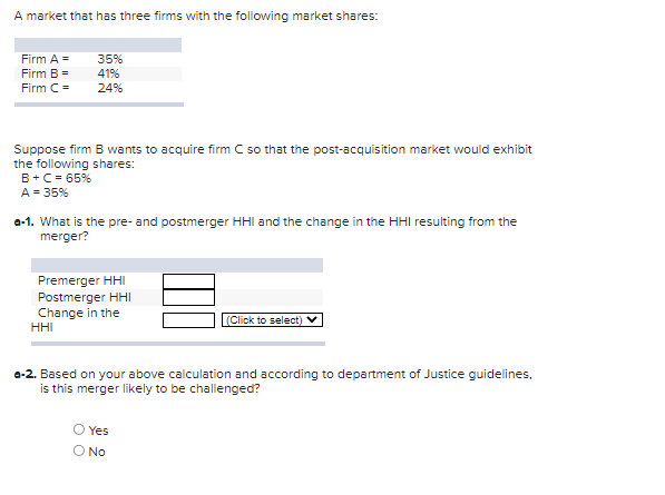 A market that has three firms with the following market shares:
Firm A =
Firm B =
Firm C =
35%
41%
24%
Suppose firm B wants to acquire firm C so that the post-acquisition market would exhibit
the following shares:
B+C = 65%
A = 35%
a-1. What is the pre- and postmerger HHI and the change in the HHI resulting from the
merger?
Premerger HHI
Postmerger HHI
Change in the
HHI
a-2. Based on your above calculation and according to department of Justice guidelines,
is this merger likely to be challenged?
Yes
(Click to select)
O No