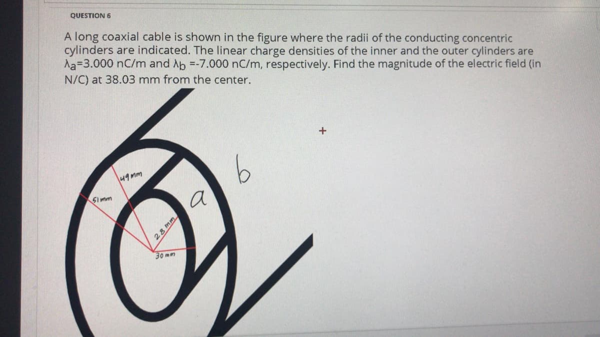 QUESTION 6
A long coaxial cable is shown in the figure where the radii of the conducting concentric
cylinders are indicated. The linear charge densities of the inner and the outer cylinders are
Aa=3.000 nC/m and Ab =-7.000 nC/m, respectively. Find the magnitude of the electric field (in
N/C) at 38.03 mm from the center.
9.
49mm
51 mm
a
30 mm
28 mm
