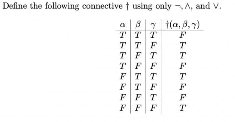 Define the following connective † using only ¬, ^, and V.
a B t(a, B, Y)
TTT
ТT F
TFT
TFF
FTT
FTF
FFT
FF F
F
T
F
T
F
F
T
