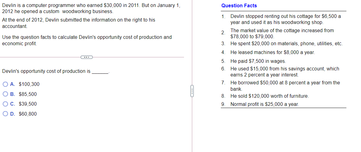 Devlin is a computer programmer who earned $30,000 in 2011. But on January 1,
2012 he opened a custom woodworking business.
Question Facts
1.
Devlin stopped renting out his cottage for $6,500 a
At the end of 2012, Devlin submitted the information on the right to his
year and used it as his woodworking shop.
accountant.
The market value of the cottage increased from
Use the question facts to calculate Devlin's opportunity cost of production and
economic profit.
2.
$78,000 to $79,000.
He spent $20,000 on materials, phone, utilities, etc.
3.
4.
He leased machines for $8,000 a year.
...
5.
He paid $7,500 in wages.
He used $15,000 from his savings account, which
earns 2 percent a year interest.
6.
Devlin's opportunity cost of production is
O A. $100,300
7.
He borrowed $50,000 at 8 percent a year from the
bank
O B. $85,500
He sold $120,000 worth of furniture.
8.
O C. $39,500
9.
Normal profit is $25,000 a year.
O D. $60,800
