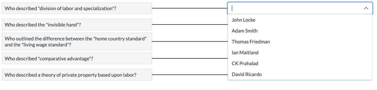 Who described "division of labor and specialization"?
John Locke
Who described the "invisible hand"?
Adam Smith
Who outlined the difference between the "home country standard"
and the "living wage standard"?
Thomas Friedman
lan Maitland
Who described "comparative advantage"?
CK Prahalad
Who described a theory of private property based upon labor?
David Ricardo
