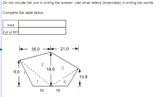 Do not include the unit in writing the answer. Use small letters (lowercase) in writing the words.
Complete the table below.
Areal
Cut or fill?
9.0
35.0 21.0
2
10
18.0 3
10
10.8