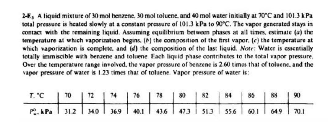2-E, A liquid mixture of 30 mol benzene. 30 mol toluene, and 40 mol water initially at 70°C and 101.3 kPa
total pressure is heated slowly at a constant pressure of 101.3 kPa to 90°C. The vapor generated stays in
contact with the remaining liquid. Assuming equilibrium between phases at all times. estimate (a) the
temperature at which vaporization begins, (b) the composition of the first vapor. (c) the temperature at
which vaporization is complete, and (d) the composition of the last liquid. Note: Water is cssentially
totally immiscible with benzene and toluene. Each liquid phase contributes to the total vapor pressure.
Over the temperature range involved, the vapor pressure of benzene is 2.60 times that of toluene, and the
vapor pressure of water is 1.23 times that of toluene. Vapor pressure of water is:
T. C
70 | 72 | 74
78 | 80 | 82 | 84 | 86
76
88
90
p, kPa
31.2
34.0
36.9
40.1
43.6
47.3
51.3
55.6
60.1
64.9
70.1
