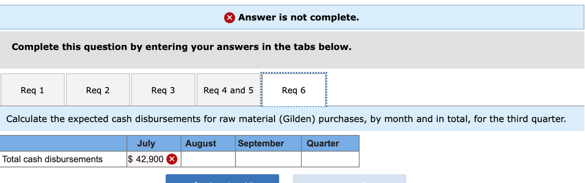 X Answer is not complete.
Complete this question by entering your answers in the tabs below.
Req 1
Req 2
Req 3
Req 4 and 5
Req 6
Calculate the expected cash disbursements for raw material (Gilden) purchases, by month and in total, for the third quarter.
July
August
September
Quarter
Total cash disbursements
$ 42,900 X
