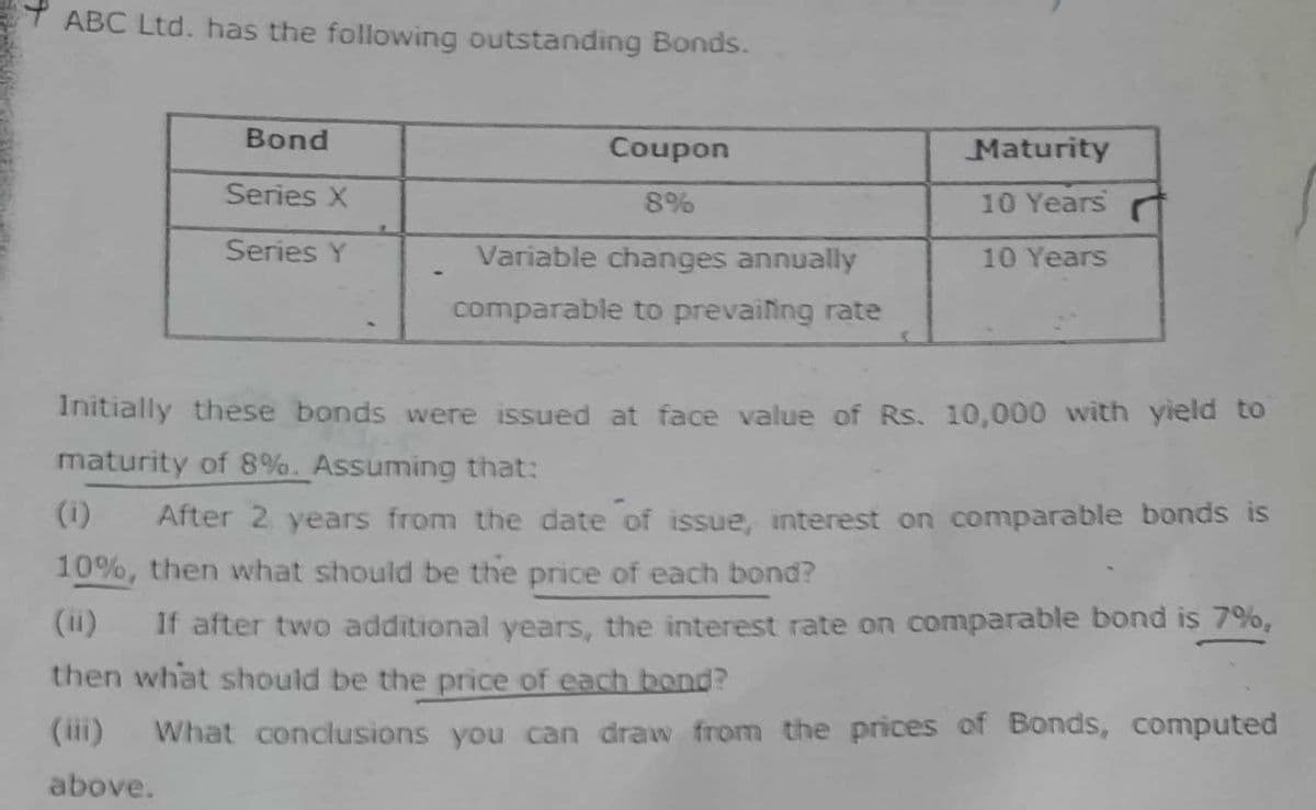 ABC Ltd. has the following outstanding Bonds.
Bond
Series X
Series Y
above.
Coupon
8%
Variable changes annually
comparable to prevailing rate
Maturity
10 Years
10 Years
Initially these bonds were issued at face value of Rs. 10,000 with yield to
maturity of 8%. Assuming that:
(1) After 2 years from the date of issue, interest on comparable bonds is
10%, then what should be the price of each bond?
If after two additional years, the interest rate on comparable bond is 7%,
then what should be the price of each bond?
What conclusions you can draw from the prices of Bonds, computed