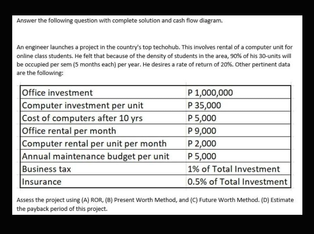 Answer the following question with complete solution and cash flow diagram.
An engineer launches a project in the country's top techohub. This involves rental of a computer unit for
online class students. He felt that because of the density of students in the area, 90% of his 30-units will
be occupied per sem (5 months each) per year. He desires a rate of return of 20%. Other pertinent data
are the following:
Office investment
Computer investment per unit
Cost of computers after 10 yrs
Office rental per month
Computer rental per unit per month
Annual maintenance budget per unit
Business tax
P 1,000,000
P 35,000
P 5,000
P 9,000
P 2,000
P 5,000
1% of Total Investment
Insurance
0.5% of Total Investment
Assess the project using (A) ROR, (B) Present Worth Method, and (C) Future Worth Method. (D) Estimate
the payback period of this project.
