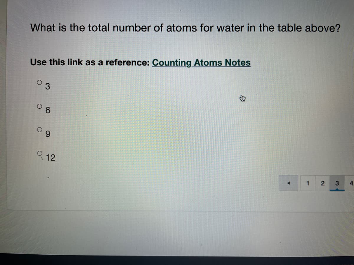 What is the total number of atoms for water in the table above?
Use this link as a reference: Counting Atoms Notes
6.
6,
O12
4
1
