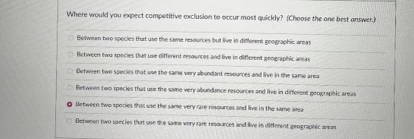 Where would you expect competitive exclusion to occur most quickly? (Choose the one best answer.)
00
Between two species that use the same resources but live in different geographic areas
Between two species that use different resources and live in different geographic areas
Between two species that use the same very abundant resources and live in the same area
Between two species that use the same very abundance resources and live in different geographic areas
Between two species that use the same very rare resources and live in the same area
Between two species that use the same very rare resources and live in different geographic areas