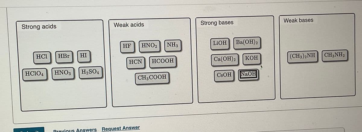Strong acids
HCI HBr HI
HC1O4 HNO3 H2SO4
Weak acids
HF
HNO2
HCN
Previous Answers Request Answer
CH3COOH
NH3
HCOOH
Strong bases
LiOH Ba(OH) 2
Ca (OH) 2
CSOH
KOH
NaOH
Weak bases
(CH3)2NH CH3NH2