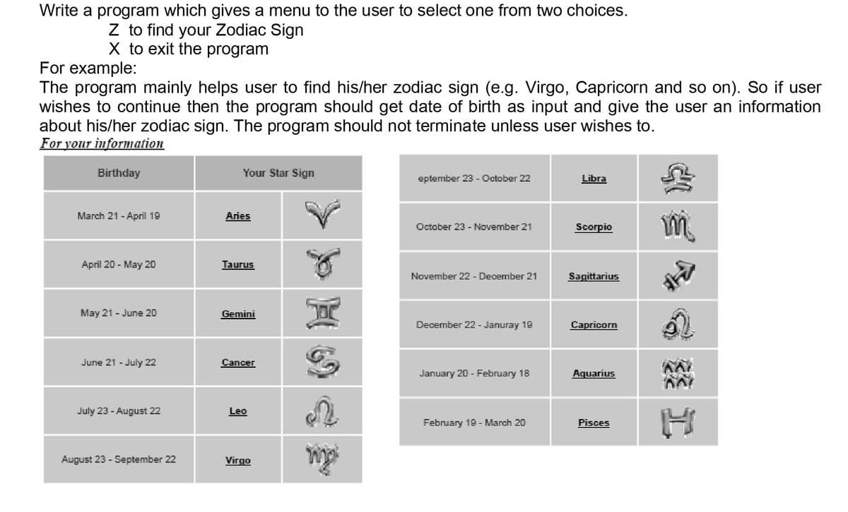 Write a program which gives a menu to the user to select one from two choices.
Z to find your Zodiac Sign
X to exit the program
For example:
The program mainly helps user to find his/her zodiac sign (e.g. Virgo, Capricorn and so on). So if user
wishes to continue then the program should get date of birth as input and give the user an information
about his/her zodiac sign. The program should not terminate unless user wishes to.
For your information
Birthday
Your Star Sign
eptember 23 - October 22
Libra
March 21 - April 19
Aries
October 23 - November 21
Scorpio
April 20 - May 20
Taurus
November 22 - December21
Sagittarius
May 21 - June 20
Gemini
December 22 - Januray 19
Capricorn
June 21 - July 22
Cancer
January 20 - February 18
Aquarius
July 23 - August 22
Leo
February 19- March 20
Pisces
August 23 - September 22
Virgo
