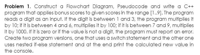 Problem 1. Construct a Flowchart Diagram, Pseudocode and write a C++
program that applies bonus scores to given scores in the range [1.9]. The program
reads a digit as an input. If the digit is between 1 and 3, the program multiplies it
by 10; if it is between 4 and 6, multiplies it by 100; if it is between 7 and 9, multiplies
it by 1000. If it is zero or if the value is not a digit, the program must report an error.
Create two program versions, one that uses a switch statement and the other one
uses nested if-else statement and at the end print the calculated new value in
the console.
