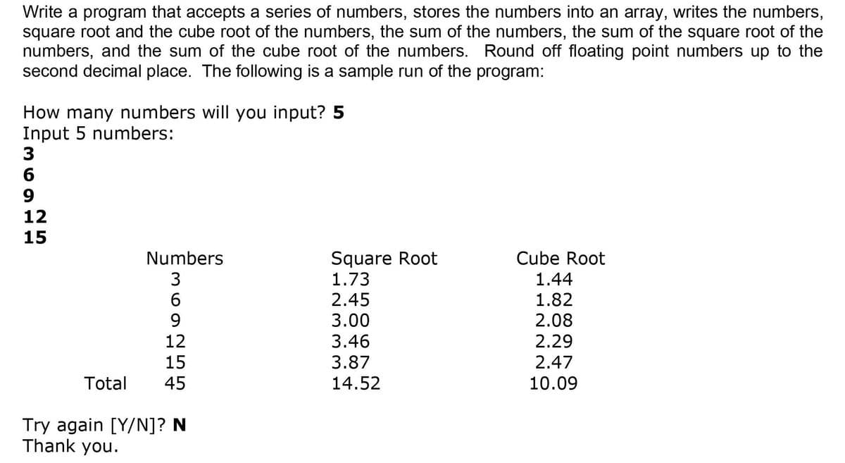 Write a program that accepts a series of numbers, stores the numbers into an array, writes the numbers,
square root and the cube root of the numbers, the sum of the numbers, the sum of the square root of the
numbers, and the sum of the cube root of the numbers. Round off floating point numbers up to the
second decimal place. The following is a sample run of the program:
How many numbers will you input? 5
Input 5 numbers:
9
12
15
Square Root
1.73
2.45
3.00
3.46
3.87
Numbers
Cube Root
3
6.
1.44
1.82
2.08
2.29
12
15
45
2.47
10.09
Total
14.52
Try again [Y/N]? N
Thank you.

