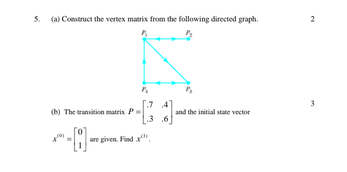 5.
(a) Construct the vertex matrix from the following directed graph.
2
P
[.7 4]
3
(b) The transition matrix P =
and the initial state vector
.3 .6
are given. Find x3).
