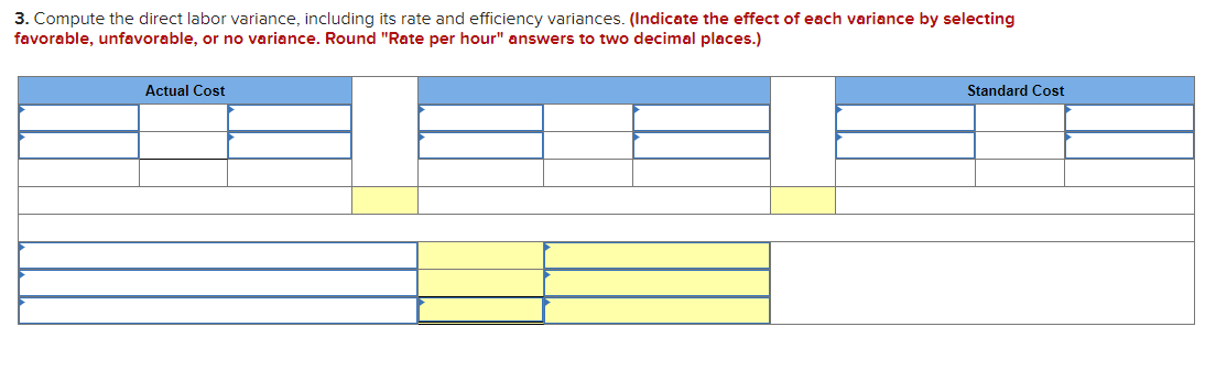 3. Compute the direct labor variance, including its rate and efficiency variances. (Indicate the effect of each variance by selecting
favorable, unfavorable, or no variance. Round "Rate per hour" answers to two decimal places.)
Actual Cost
Standard Cost
