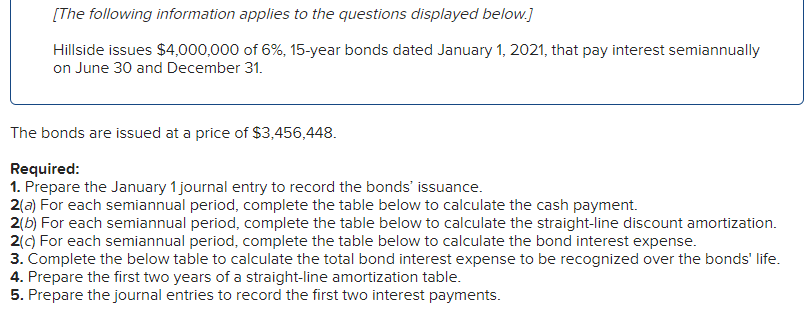 [The following information applies to the questions displayed below.]
Hillside issues $4,000,000 of 6%, 15-year bonds dated January 1, 2021, that pay interest semiannually
on June 30 and December 31.
The bonds are issued at a price of $3,456,448.
Required:
1. Prepare the January 1 journal entry to record the bonds' issuance.
2(a) For each semiannual period, complete the table below to calculate the cash payment.
2(b) For each semiannual period, complete the table below to calculate the straight-line discount amortization.
2(c) For each semiannual period, complete the table below to calculate the bond interest expense.
3. Complete the below table to calculate the total bond interest expense to be recognized over the bonds' life.
4. Prepare the first two years of a straight-line amortization table.
5. Prepare the journal entries to record the first two interest payments.