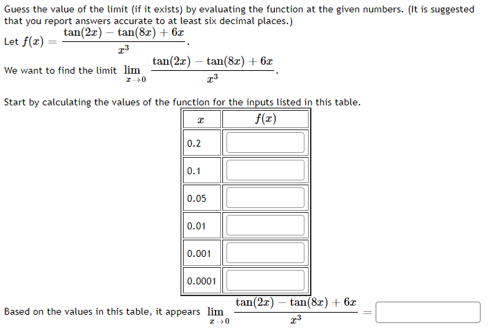 Guess the value of the limit (if it exists) by evaluating the function at the given numbers. (It is suggested
that you report answers accurate to at least six decimal places.)
Let f(x)
tan(2x) tan(8x) + 6x
x³
We want to find the limit lim
z+0
tan(2x) - tan(8x) + 6x
x³
Start by calculating the values of the function for the inputs listed in this table.
f(x)
I
0.2
0.1
0.05
0.01
0.001
0.0001
Based on the values in this table, it appears lim
I 0
tan(2x) – tan(8x) + 6x
x³
||