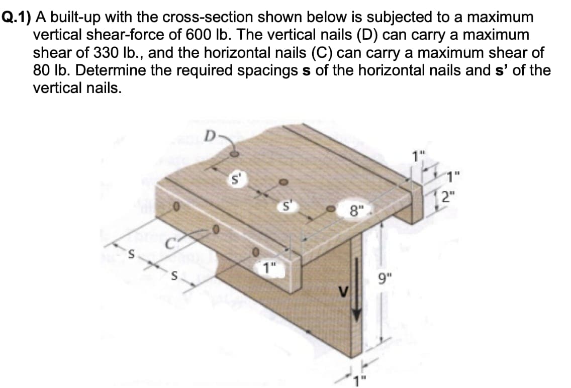 Q.1) A built-up with the cross-section shown below is subjected to a maximum
vertical shear-force of 600 lb. The vertical nails (D) can carry a maximum
shear of 330 Ib., and the horizontal nails (C) can carry a maximum shear of
80 lb. Determine the required spacings s of the horizontal nails and s' of the
vertical nails.
D-
1"
2"
8"
1"
9"
