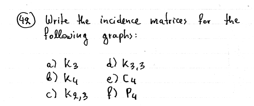 (1%) Write the incidence matrices for the
following
graphs:
d) K3,3
al k3
6) Ku
c) ka,3
e) Cu
f) Pq
