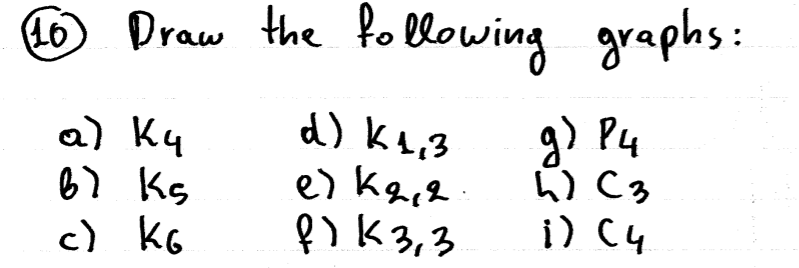(10
O Draw the following graphs:
g) P4
h) C3
i) C4
d) K4,3
a) Ky
67 kg
c) kG
ļ) K3,3
