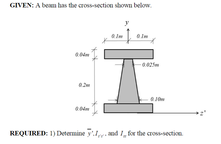 GIVEN: A beam has the cross-section shown below.
y
0.1m
0.1m
0.04m
0.025m
0.2m
0.10m
0.04m
→z'
REQUIRED: 1) Determine y',I,, and I̟ for the cross-section.
