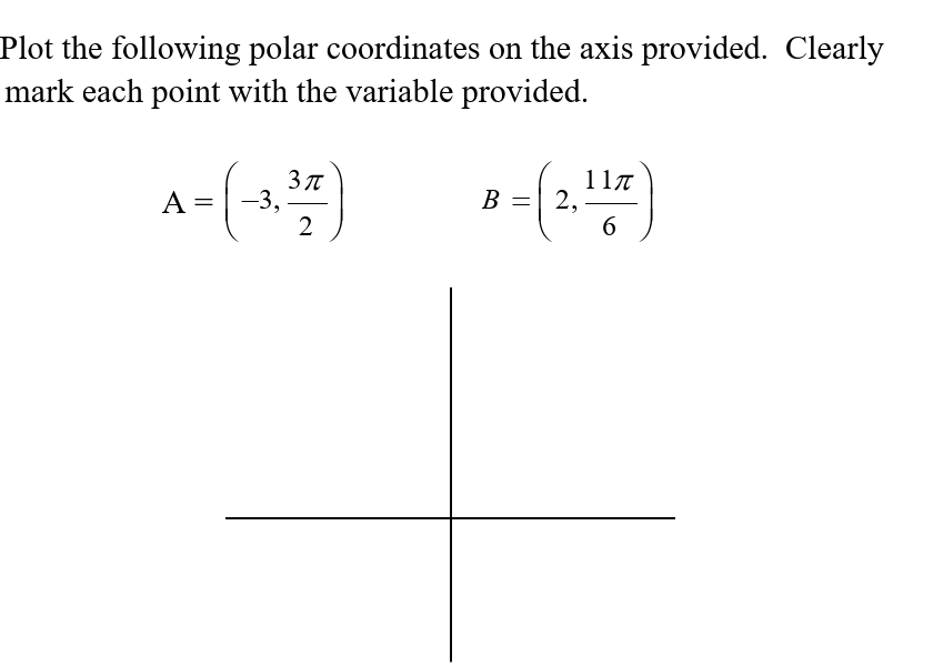 Plot the following polar coordinates on the axis provided. Clearly
mark each point with the variable provided.
11t
2,
6
В —
-3,
2
A =
