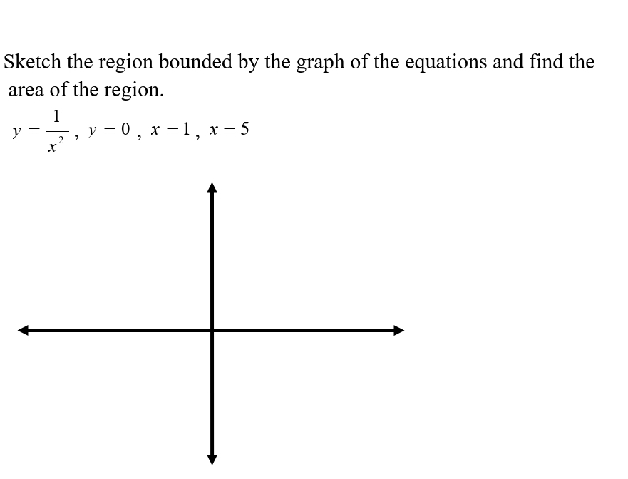 Sketch the region bounded by the graph of the equations and find the
area of the region.
1
y = —, y = 0, x = 1, x = 5
2
X