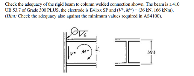 Check the adequacy of the rigid beam to column welded connection shown. The beam is a 410
UB 53.7 of Grade 300 PLUS, the electrode is E41xx SP and (V*, M*) = (36 kN, 166 kNm).
(Hint: Check the adequacy also against the minimum values required in AS4100).
It
M*
393

