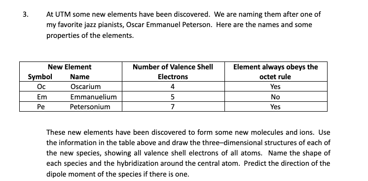 At UTM some new elements have been discovered. We are naming them after one of
my favorite jazz pianists, Oscar Emmanuel Peterson. Here are the names and some
properties of the elements.
New Element
Number of Valence Shell
Element always obeys the
Symbol
Oc
Name
Electrons
octet rule
Oscarium
4
Yes
Em
Emmanuelium
5
No
Pe
Petersonium
7
Yes
These new elements have been discovered to form some new molecules and ions. Use
the information in the table above and draw the three-dimensional structures of each of
the new species, showing all valence shell electrons of all atoms. Name the shape of
each species and the hybridization around the central atom. Predict the direction of the
dipole moment of the species if there is one.
3.
