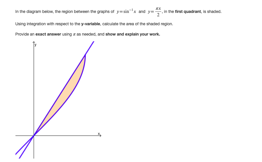 TX
In the diagram below, the region between the graphs of y=sin¬'x and y=-
in the first quadrant, is shaded.
2
Using integration with respect to the y-variable, calculate the area of the shaded region.
Provide an exact answer using a as needed, and show and explain your work.
