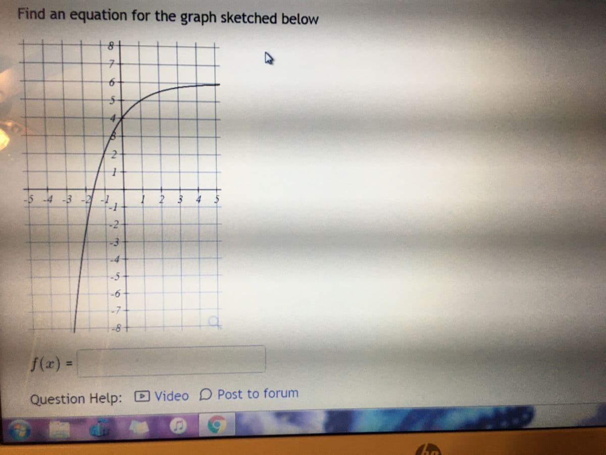 Find an equation for the graph sketched below
7
-5 -4 -3 -2
I 2 3 4 5
-2
-3
-5
-6
-7
-8+
f(x)3=
%3D
Question Help: D Video D Post to forum
2.
