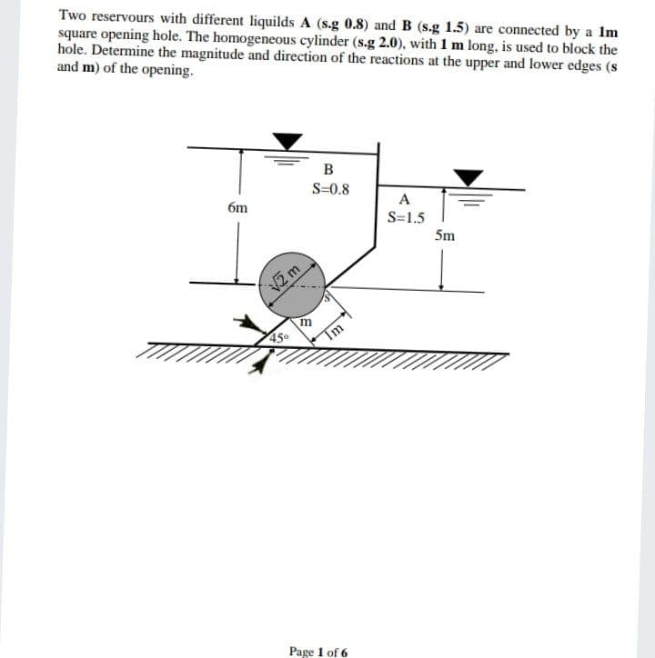 Two reservours with different liquilds A (s.g 0.8) and B (s.g 1.5) are connected by a Im
square opening hole. The homogeneous cylinder (s.g 2.0), with 1 m long, is used to block the
hole. Determine the magnitude and direction of the reactions at the upper and lower edges (s
and m) of the opening.
B
S=0.8
6m
A
S=1.5
5m
450
Im
Page 1 of 6
