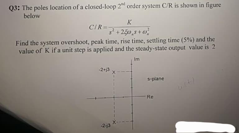Q3: The poles location of a closed-loop 2nd order system C/R is shown in figure
below
K
CIR=
2
s? +250,s+ o
Find the system overshoot, peak time, rise time, settling time (5%) and the
value of K if a unit step is applied and the steady-state output value is 2
Im
-2+j3
s-plane
Re
-2-j3
