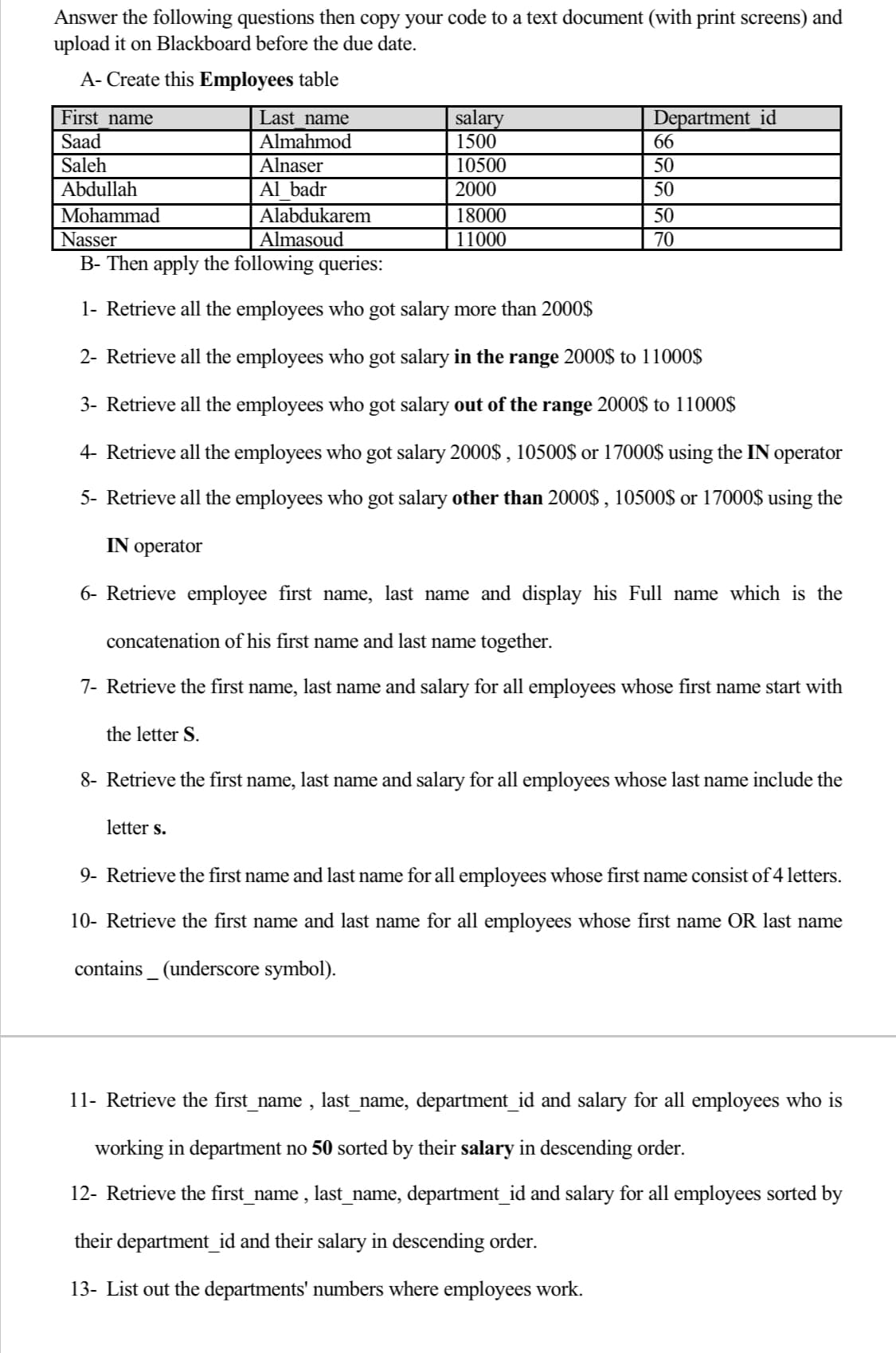 Answer the following questions then copy your code to a text document (with print screens) and
upload it on Blackboard before the due date.
A- Create this Employees table
Department_id
66
First name
salary
1500
Last name
Almahmod
Alnaser
Al badr
Saad
Saleh
10500
50
Abdullah
2000
50
Mohammad
Alabdukarem
18000
50
Almasoud
B- Then apply the following queries:
Nasser
11000
70
1- Retrieve all the employees who got salary more than 2000$
2- Retrieve all the employees who got salary in the range 2000$ to 11000$
3- Retrieve all the employees who got salary out of the range 2000$ to 11000$
4- Retrieve all the employees who got salary 2000$ , 10500$ or 17000$ using the IN operator
5- Retrieve all the employees who got salary other than 2000$ , 10500$ or 17000$ using the
IN operator
6- Retrieve employee first name, last name and display his Full name which is the
concatenation of his first name and last name together.
7- Retrieve the first name, last name and salary for all employees whose first name start with
the letter S.
8- Retrieve the first name, last name and salary for all employees whose last name include the
letter s.
9- Retrieve the first name and last name for all employees whose first name consist of 4 letters.
10- Retrieve the first name and last name for all employees whose first name OR last name
contains _ (underscore symbol).
11- Retrieve the first_name , last_name, department_id and salary for all employees who is
working in department no 50 sorted by their salary in descending order.
12- Retrieve the first_name , last_name, department_id and salary for all employees sorted by
their department_id and their salary in descending order.
13- List out the departments' numbers where employees work.
