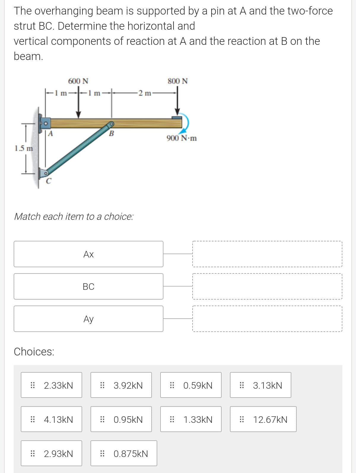 The overhanging beam is supported by a pin at A and the two-force
strut BC. Determine the horizontal and
vertical components of reaction at A and the reaction at B on the
beam.
600 N
800 N
1m
2 m-
A
B.
900 N-m
1.5 m
Match each item to a choice:
Ах
ВС
Ay
Choices:
: 2.33KN
E 3.92kN
0.59KN
: 3.13KN
: 4.13KN
: 0.95KN
1.33KN
: 12.67KN
: 2.93KN
0.875KN
