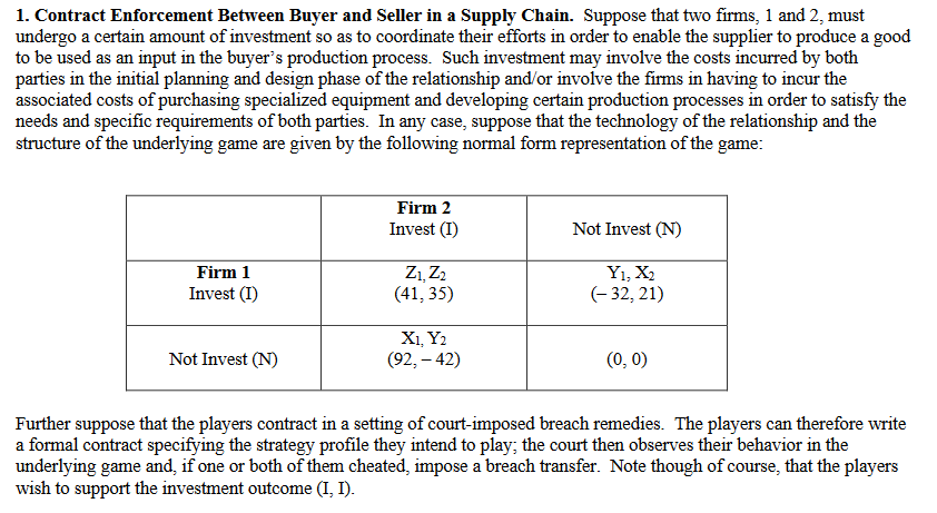 1. Contract Enforcement Between Buyer and Seller in a Supply Chain. Suppose that two firms, 1 and 2, must
undergo a certain amount of investment so as to coordinate their efforts in order to enable the supplier to produce a good
to be used as an input in the buyer's production process. Such investment may involve the costs incurred by both
parties in the initial planning and design phase of the relationship and/or involve the firms in having to incur the
associated costs of purchasing specialized equipment and developing certain production processes in order to satisfy the
needs and specific requirements of both parties. In any case, suppose that the technology of the relationship and the
structure of the underlying game are given by the following normal form representation of the game:
Firm 1
Invest (I)
Not Invest (N)
Firm 2
Invest (I)
Z₁, Z₂
(41, 35)
X1, Y2
(92,-42)
Not Invest (N)
Y1, X2
(-32, 21)
(0, 0)
Further suppose that the players contract in a setting of court-imposed breach remedies. The players can therefore write
a formal contract specifying the strategy profile they intend to play; the court then observes their behavior in the
underlying game and, if one or both of them cheated, impose a breach transfer. Note though of course, that the players
wish to support the investment outcome (I, I).
